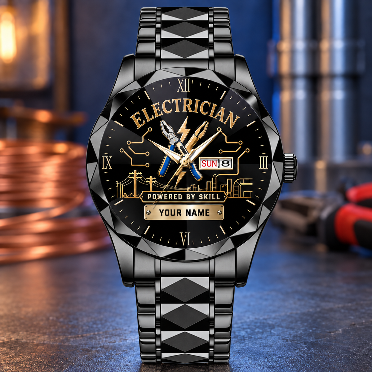 Personalized Electrician Crystal Metal Watch - Faceted Legacy - Black
