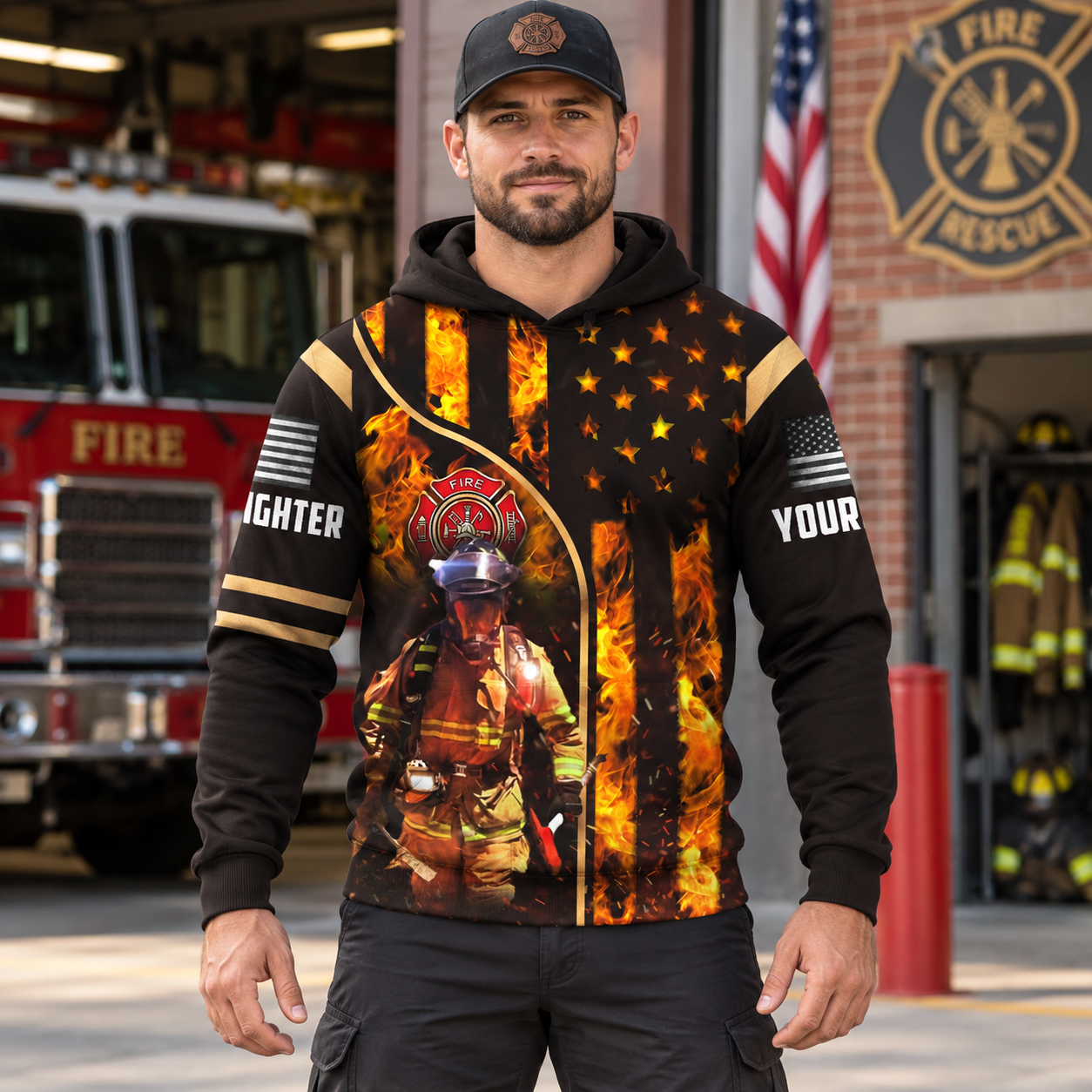 Personalized firefighter hoodie featuring firefighter and flame flag all-over print, worn by a model