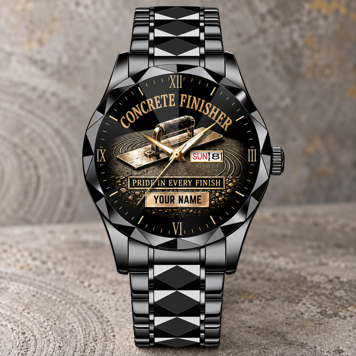 Personalized Concrete Finisher Crystal Metal Watch - Faceted Legacy - Black