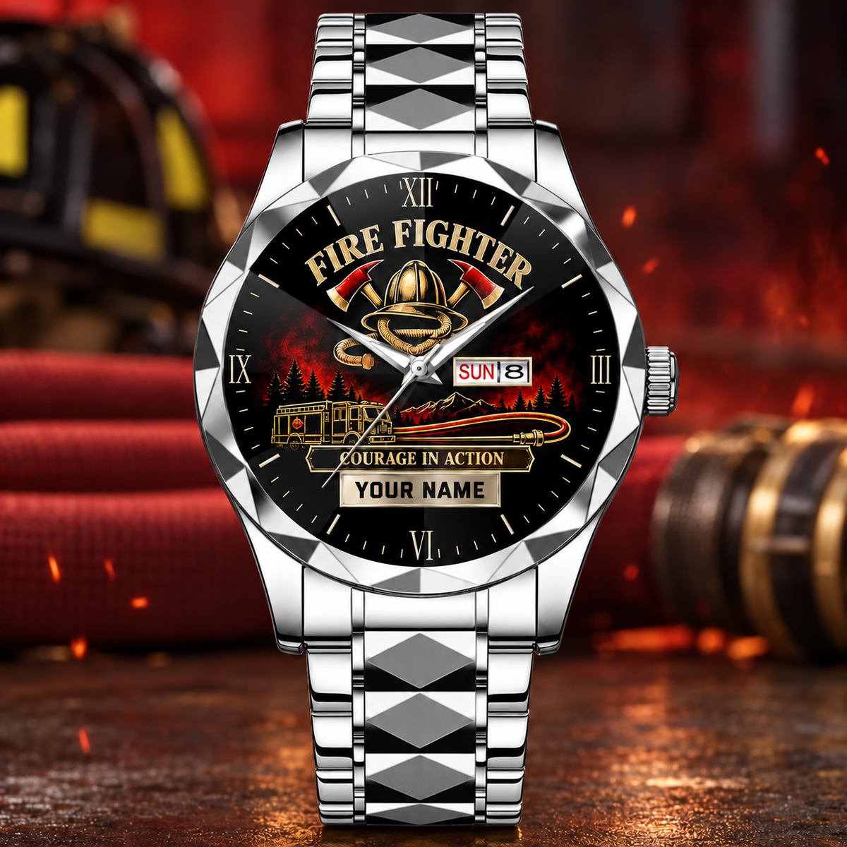 Personalized Fire Fighter Crystal Metal Watch - Faceted Legacy - Steel