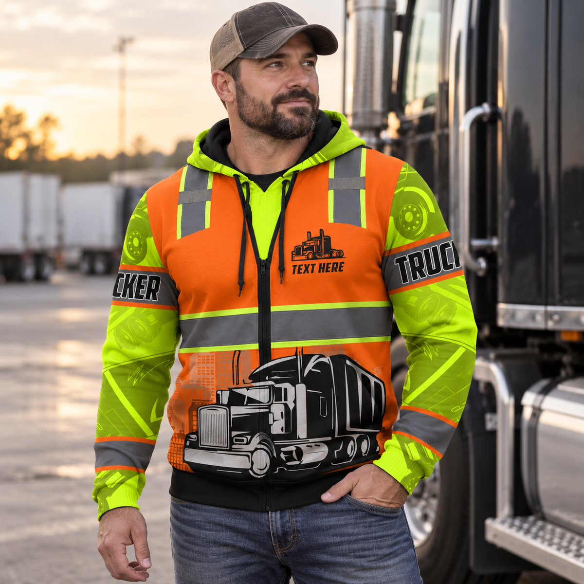 Personalized trucker hoodie featuring orange vest print semi truck all-over print, worn by a model