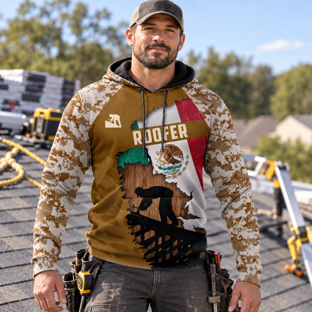 Roofer hoodie featuring Mexican flag roofer silhouette and camouflage all-over print, worn by a model