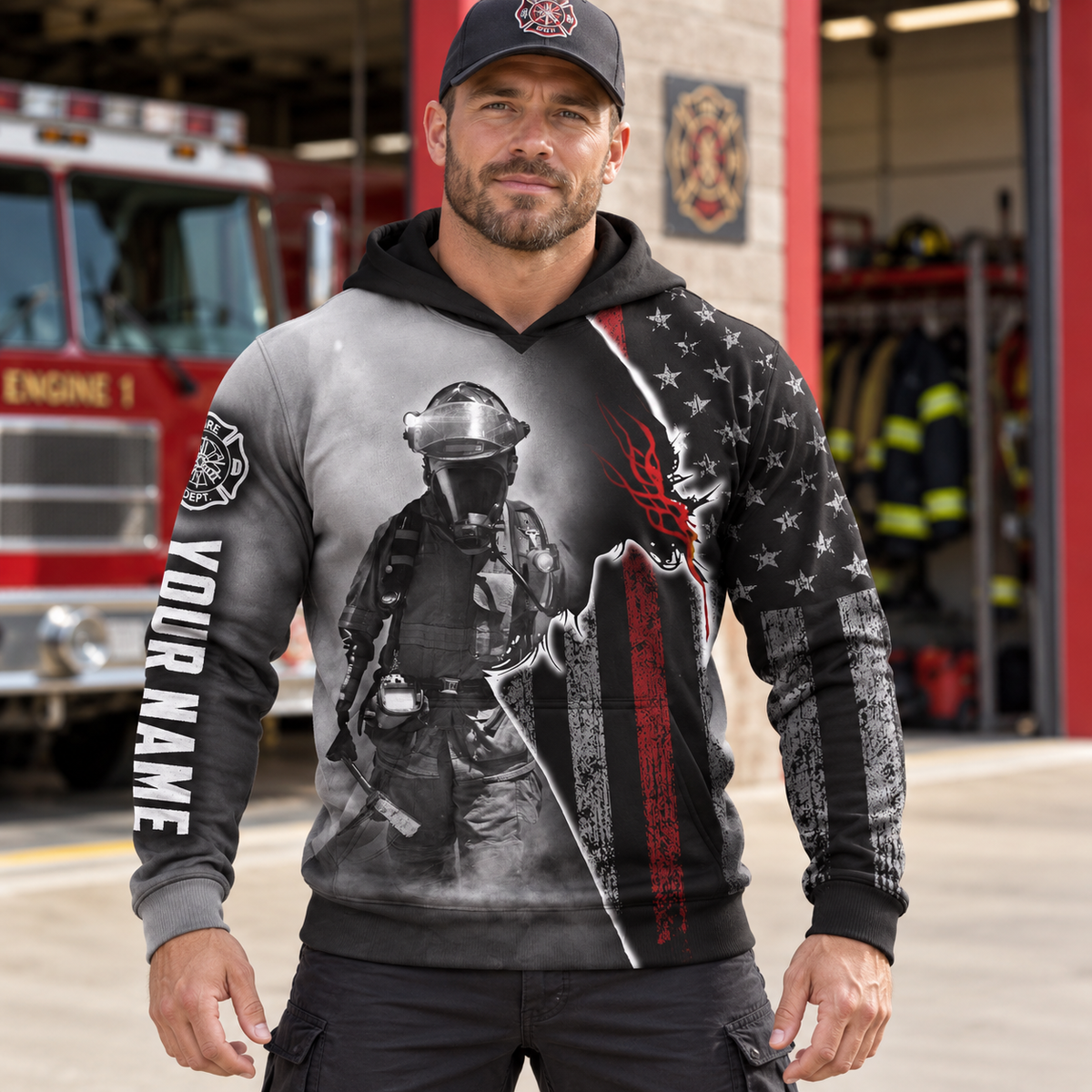 Personalized firefighter hoodie featuring black and white firefighter flag all-over print, worn by a model