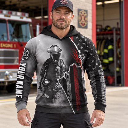 Personalized firefighter hoodie featuring black and white firefighter flag all-over print, worn by a model