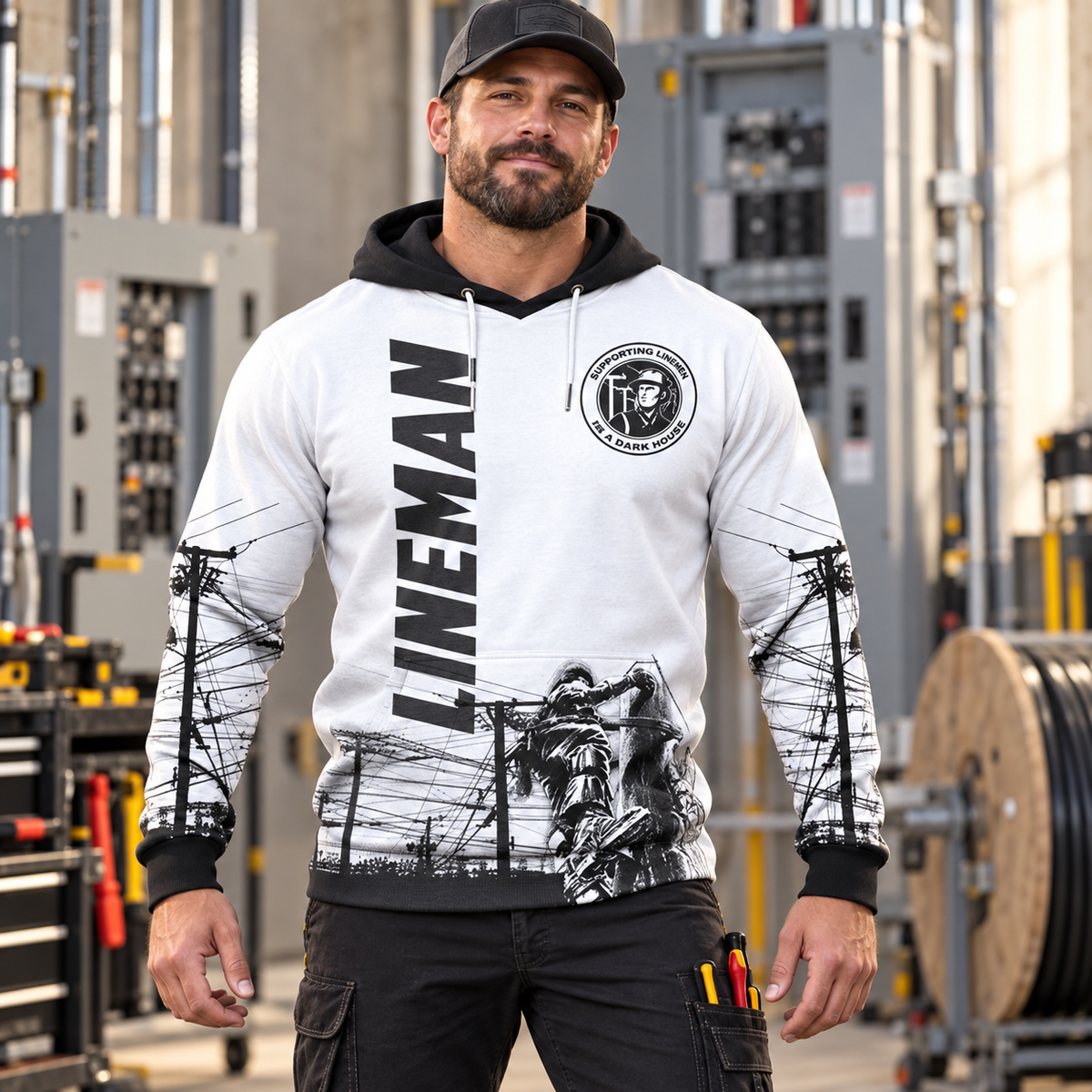 Personalized electrician hoodie featuring lineman dad black white all-over print, worn by a model