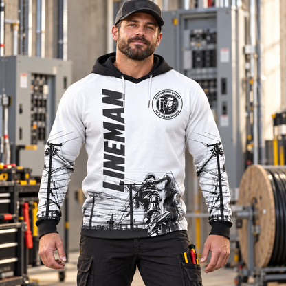 Personalized electrician hoodie featuring lineman dad black white all-over print, worn by a model
