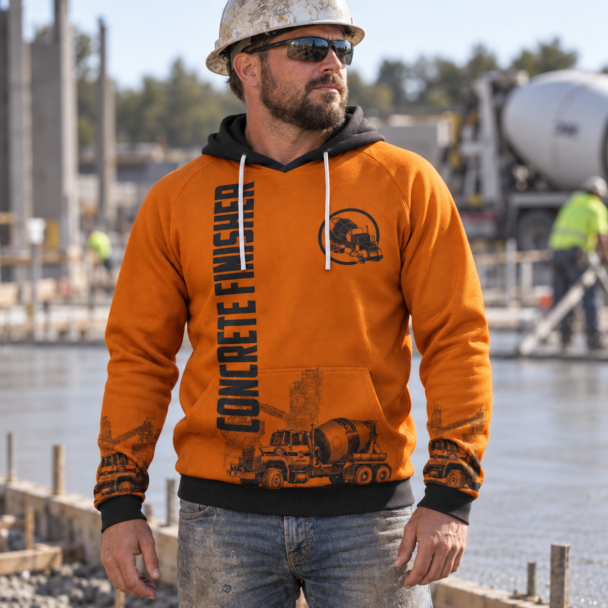 Concrete finisher hoodie featuring orange concrete mixer and work crew all-over print, worn by a model