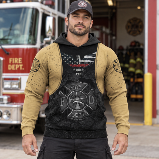 Personalized firefighter hoodie featuring tan and black fire badge all-over print, worn by a model