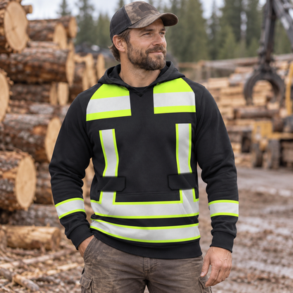 Personalized logger hoodie featuring black yellow vest stripe print all-over print, worn by a model
