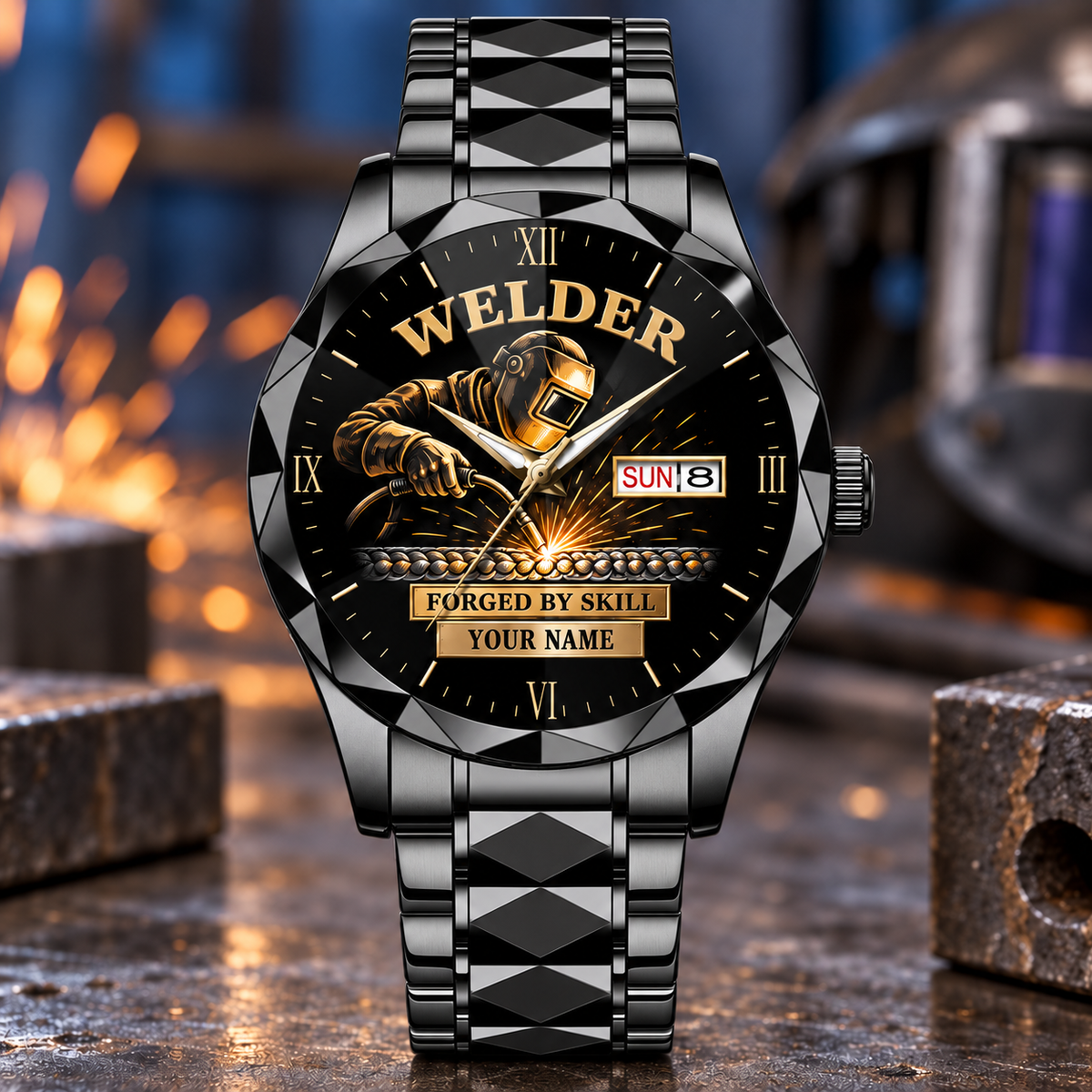 Personalized Welder Crystal Metal Watch - Faceted Legacy - Black