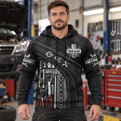 Personalized mechanic hoodie featuring black tool box print all-over print, worn by a model