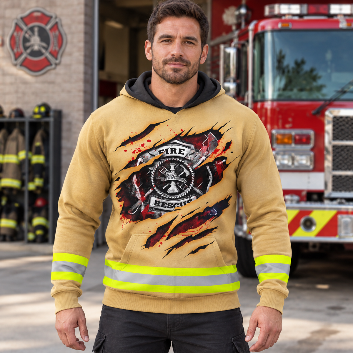 Personalized firefighter hoodie featuring yellow stripe fire rescue print all-over print, worn by a model