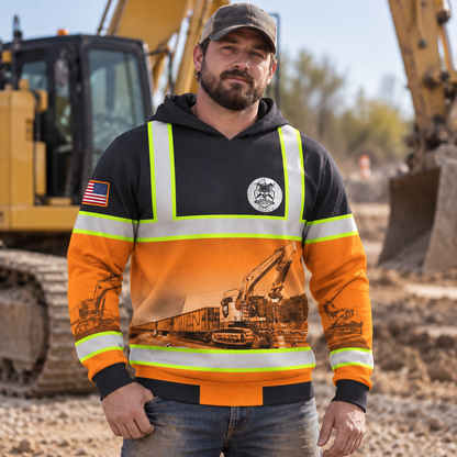 Personalized excavator operator hoodie featuring black orange excavator work scene all-over print, worn by a model