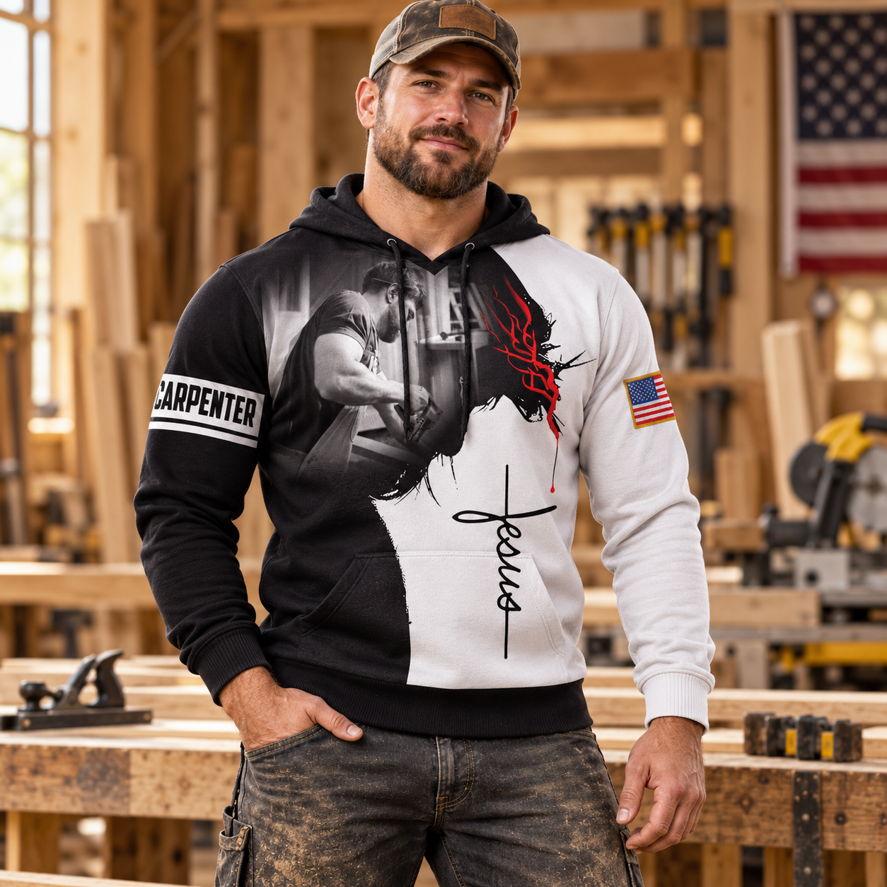 Carpenter hoodie featuring jesus was a carpenter all-over print, worn by a model