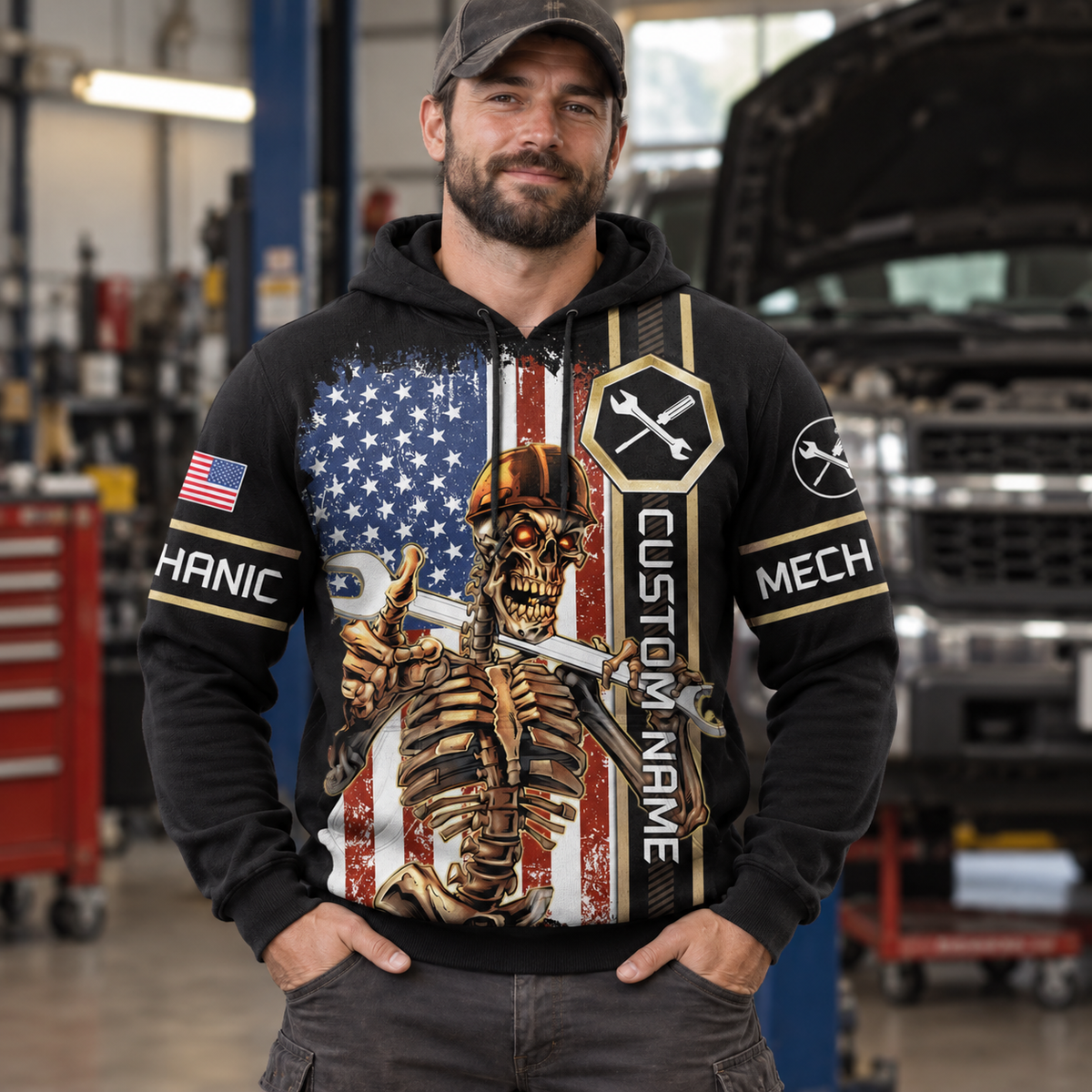 Personalized mechanic hoodie featuring american flag mechanic skeleton all-over print, worn by a model