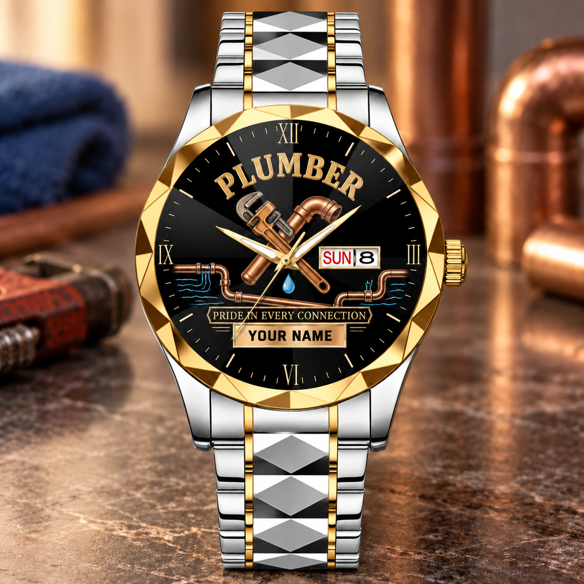 Personalized Plumber Crystal Metal Watch - Faceted Legacy - Silver Gold