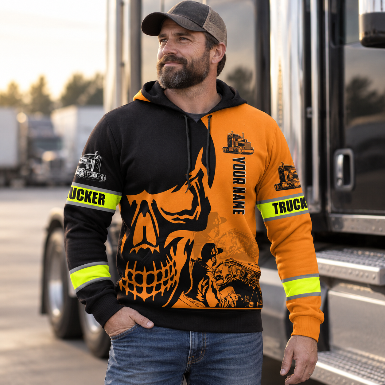 Personalized trucker hoodie featuring orange black trucker skull all-over print, worn by a model