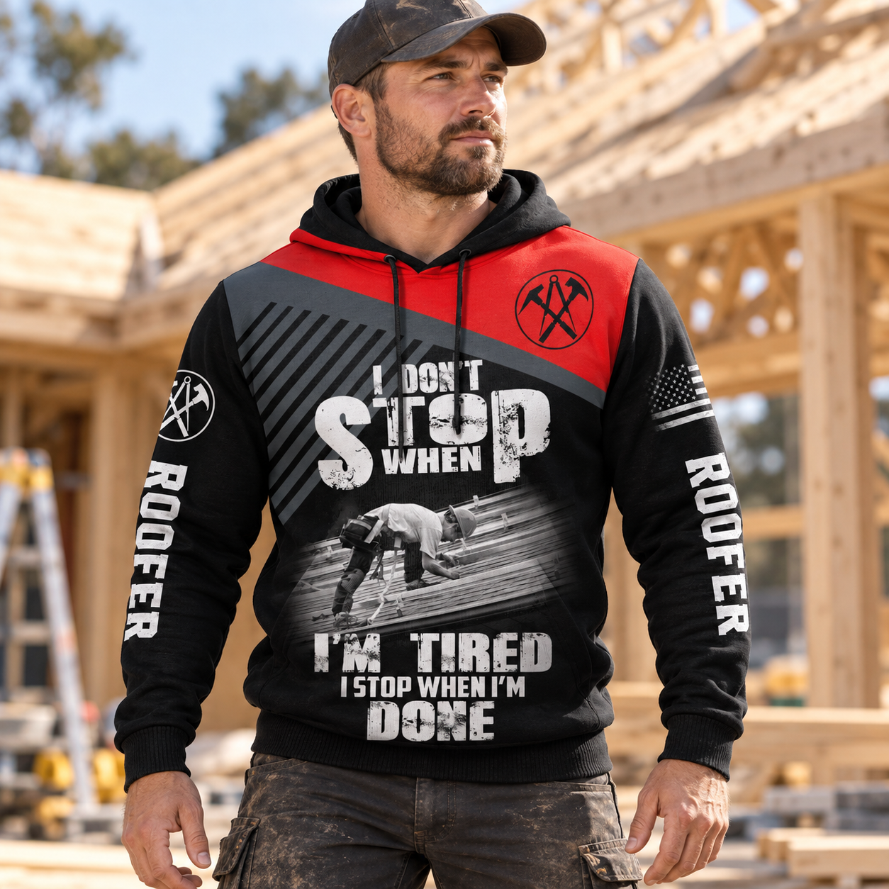 Roofer hoodie featuring red black roofer work quote all-over print, worn by a model