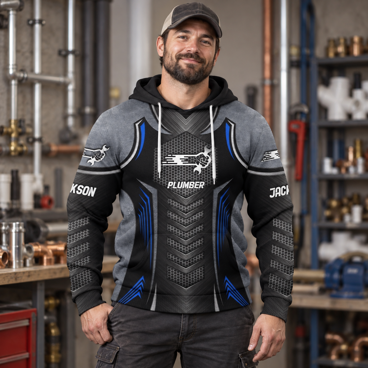 Personalized plumber hoodie featuring black blue plumbing armour print all-over print, worn by a model