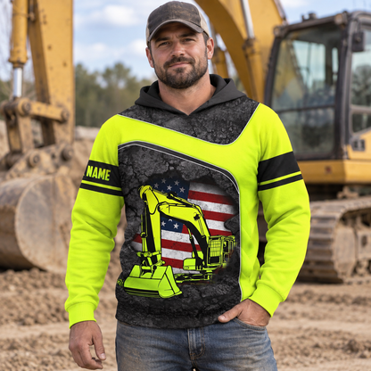 Personalized excavator operator hoodie featuring neon yellow american flag excavator all-over print, worn by a model