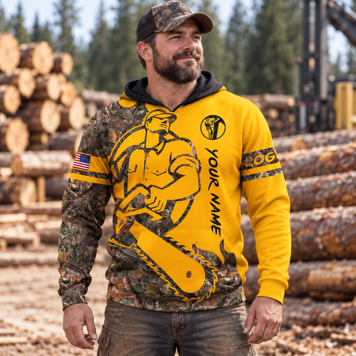 Personalized logger hoodie featuring yellow cartoon lumberjack chainsaw all-over print, worn by a model