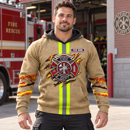 Personalized firefighter hoodie featuring tan fire badge stripe print all-over print, worn by a model