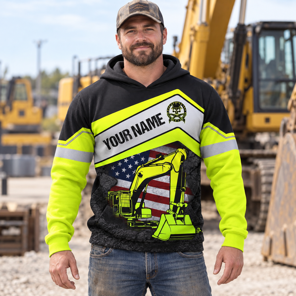 Personalized excavator operator hoodie featuring excavator and american flag all-over print, worn by a model