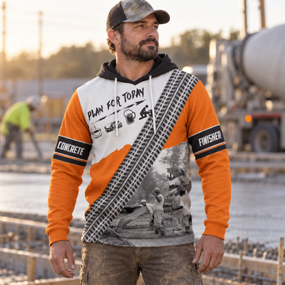 Concrete finisher hoodie featuring white orange concrete work plan all-over print, worn by a model