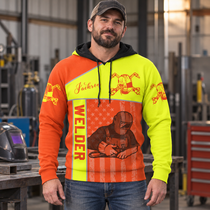 Personalized welder hoodie featuring orange yellow welder illustration all-over print, worn by a model