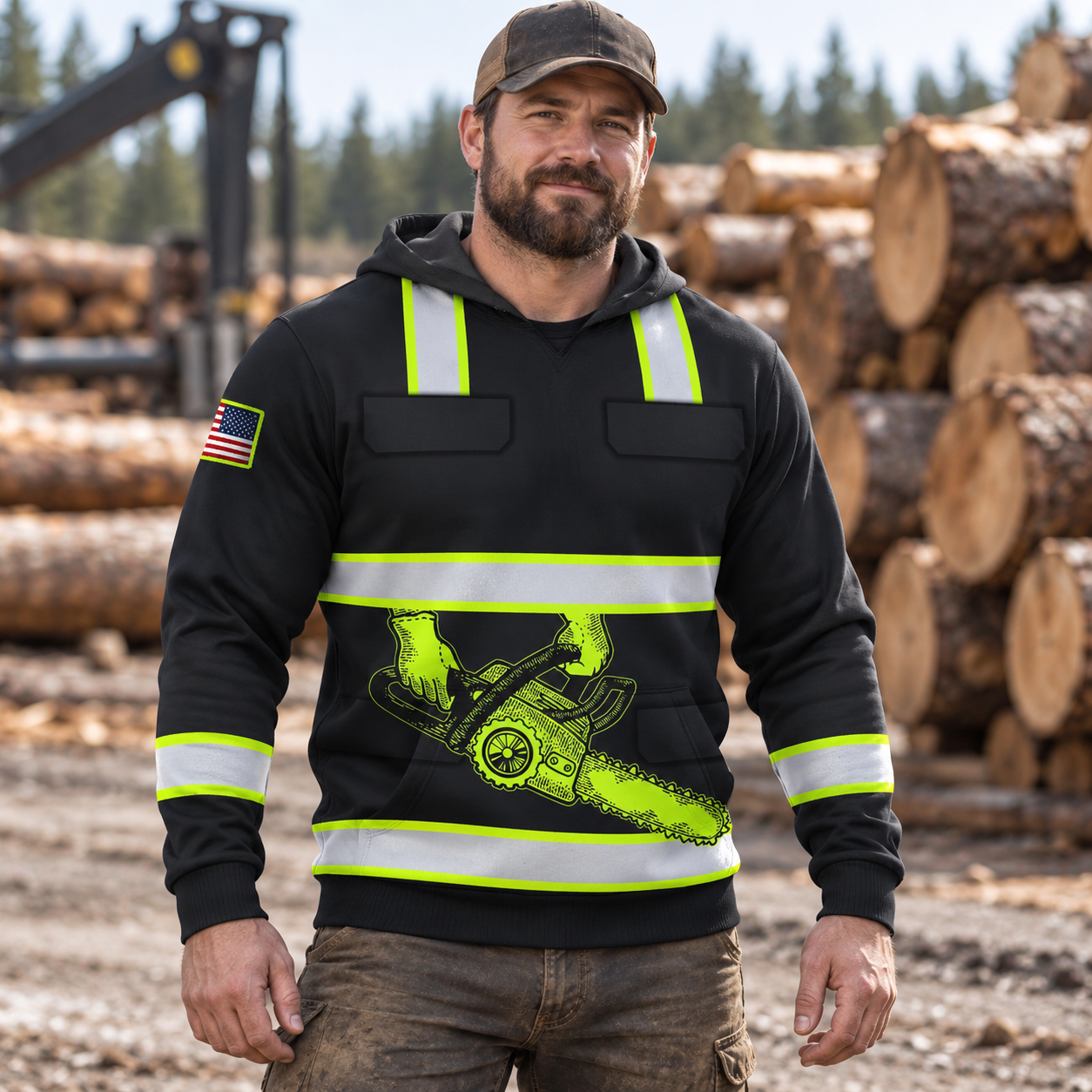 Personalized logger hoodie featuring black yellow stripe chainsaw all-over print, worn by a model
