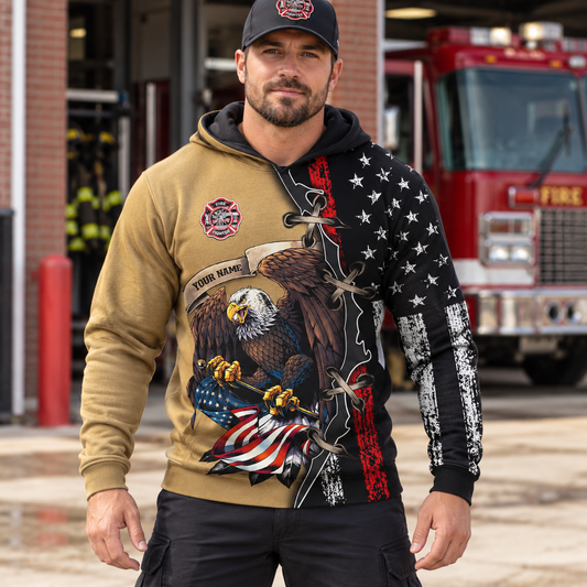 Personalized firefighter hoodie featuring eagle and distressed flag all-over print, worn by a model