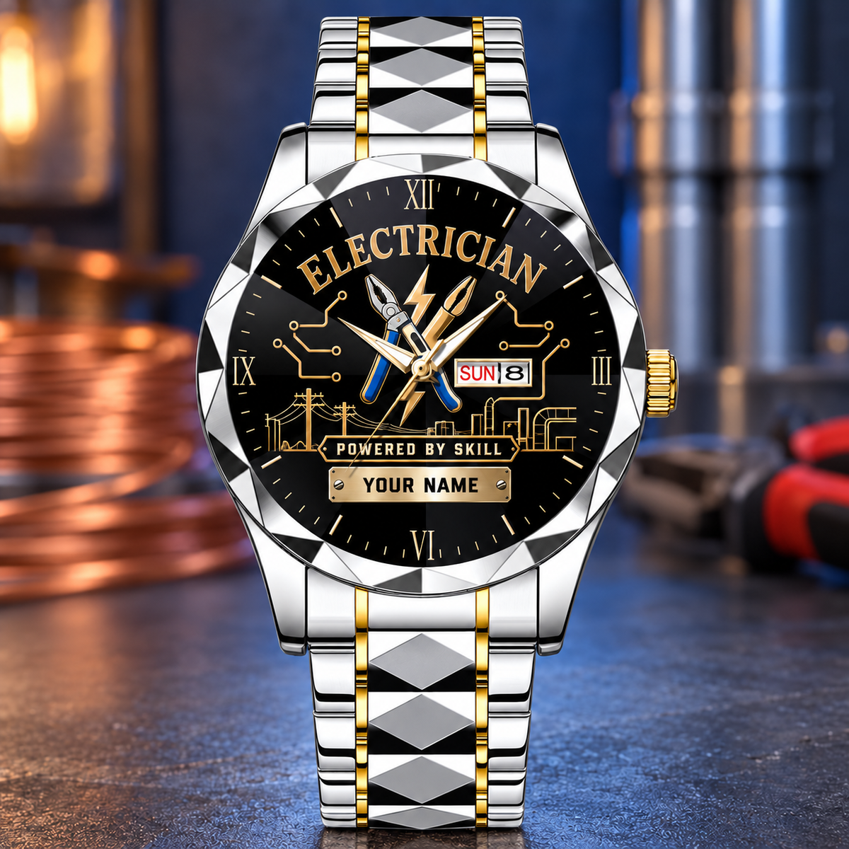 Personalized Electrician Crystal Metal Watch - Faceted Legacy - Silver Gold Chain