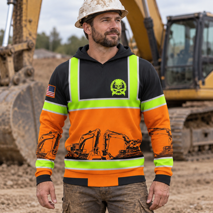 Personalized excavator operator hoodie featuring black orange excavator stripe print all-over print, worn by a model