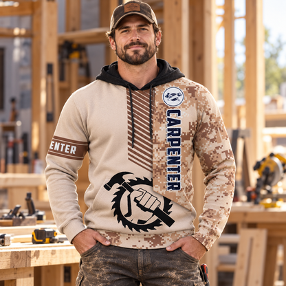 Personalized carpenter hoodie featuring brown camo all-over print, worn by a model