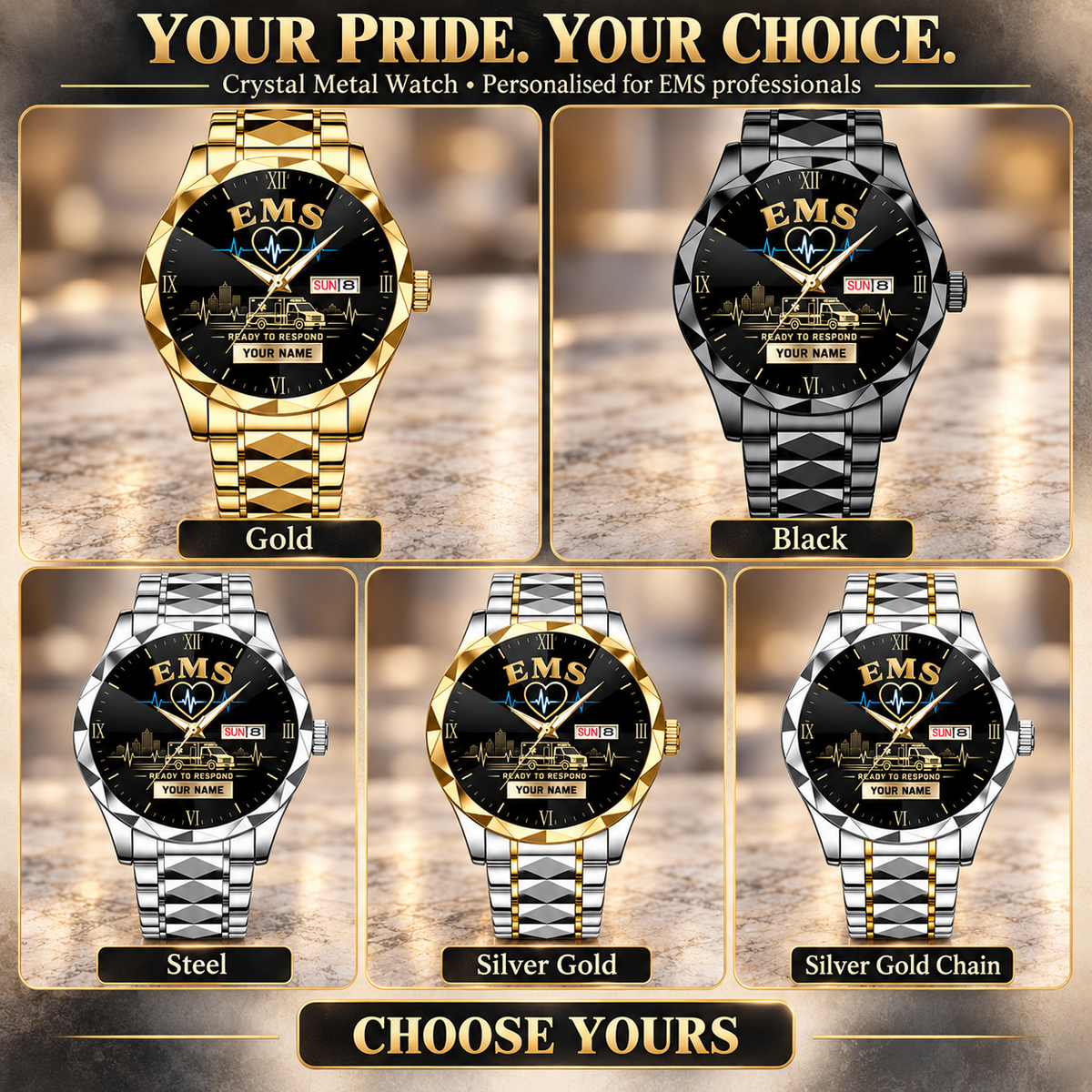Personalized EMS Crystal Metal Watch - Faceted Legacy - advertising image