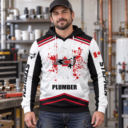 Personalized plumber hoodie featuring white red canadian maple leaf all-over print, worn by a model