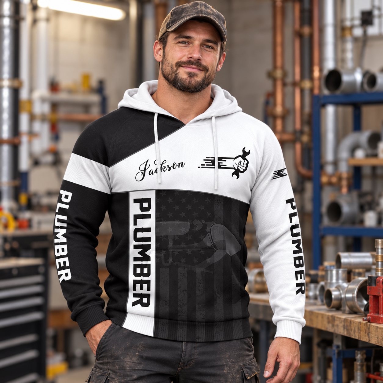 Personalized plumber hoodie featuring black white plumbing tools all-over print, worn by a model