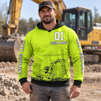 Personalized excavator operator hoodie featuring yellow number 01 excavator all-over print, worn by a model