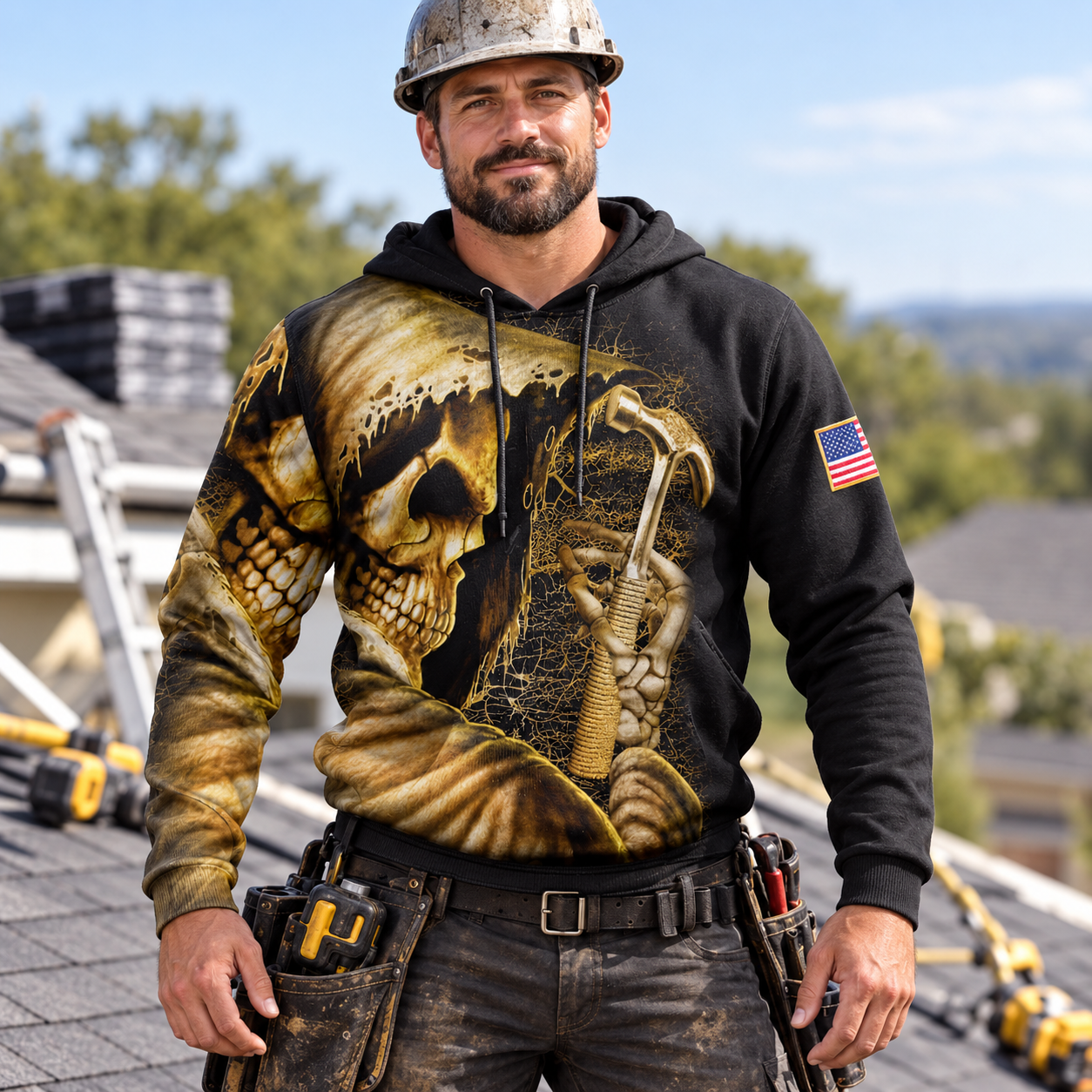 Roofer hoodie featuring skull american flag all-over print, worn by a model