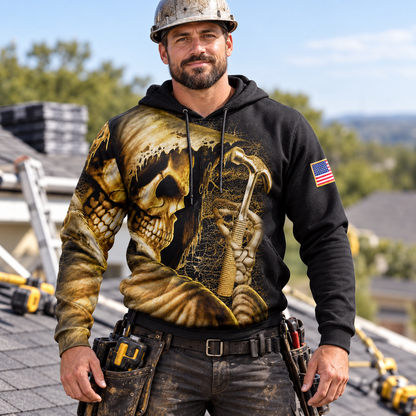 Roofer hoodie featuring skull american flag all-over print, worn by a model