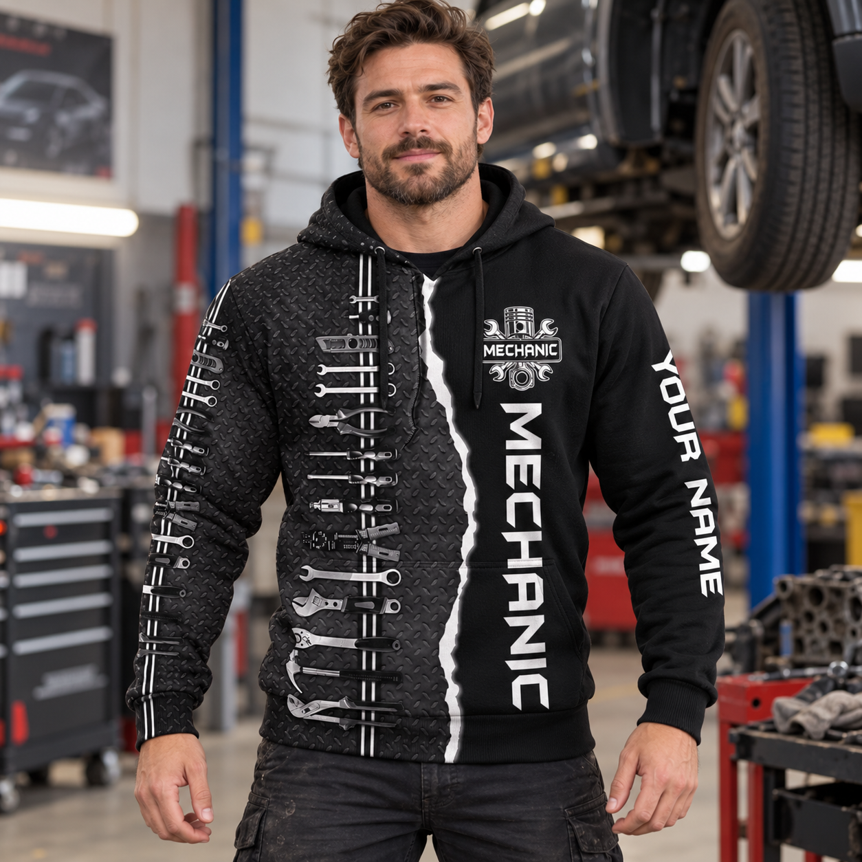 Personalized mechanic hoodie featuring black and white wrench print all-over print, worn by a model