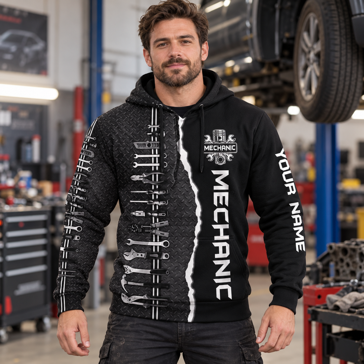 Personalized mechanic hoodie featuring black and white wrench print all-over print, worn by a model