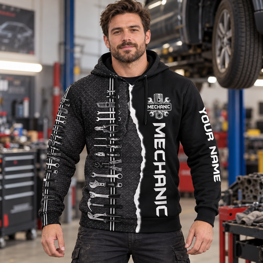 Personalized mechanic hoodie featuring black and white wrench print all-over print, worn by a model