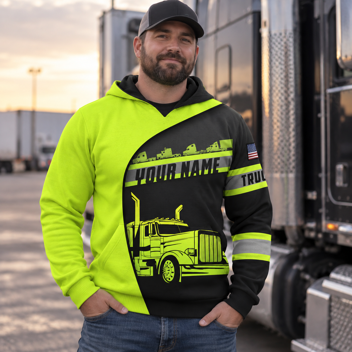 Personalized trucker hoodie featuring neon yellow black diagonal semi truck all-over print, worn by a model