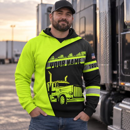 Personalized trucker hoodie featuring neon yellow black diagonal semi truck all-over print, worn by a model