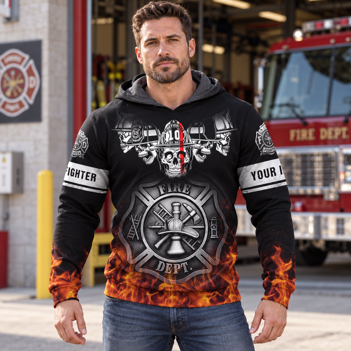 Personalized firefighter hoodie featuring black skull and flame print all-over print, worn by a model