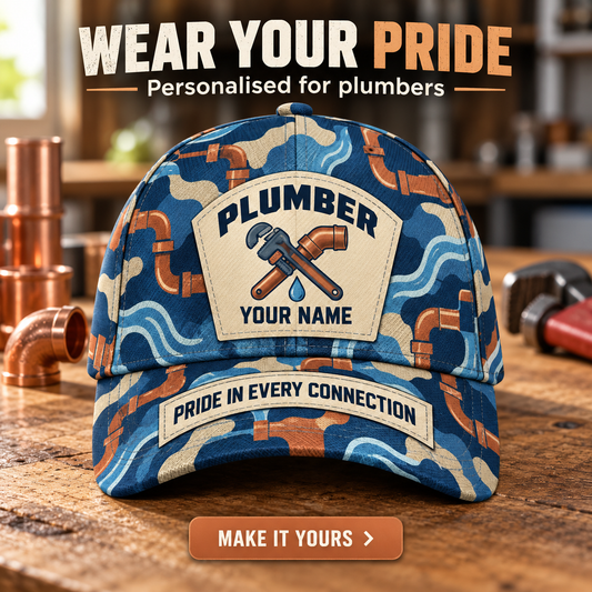 Personalized Plumber Camo Baseball Cap - Patchwork Pride - advertising image