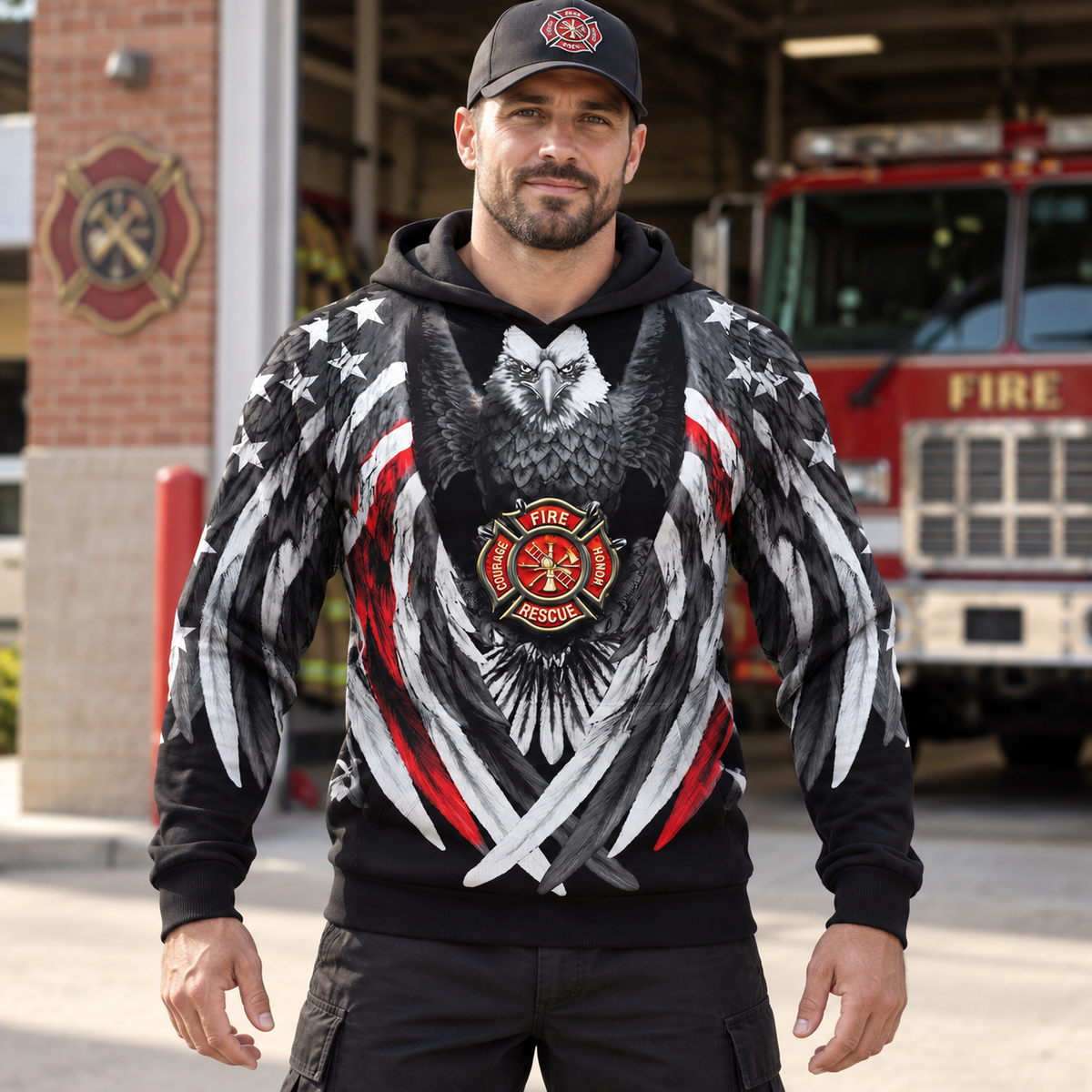 Personalized firefighter hoodie featuring eagle wings fire badge all-over print, worn by a model