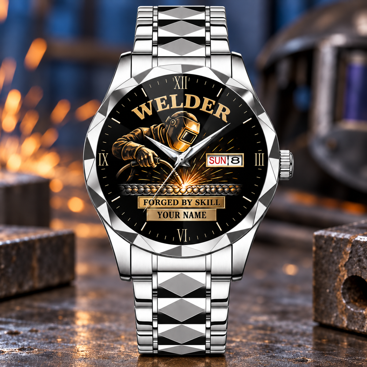 Personalized Welder Crystal Metal Watch - Faceted Legacy - Steel