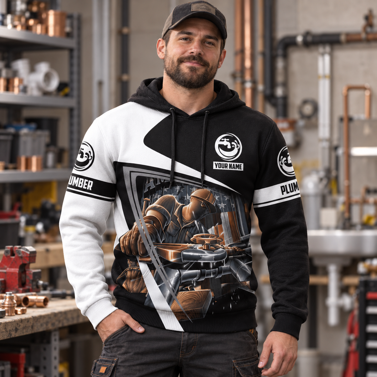 Personalized plumber hoodie featuring black white plumber at work all-over print, worn by a model